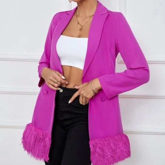 . Jackets & Blazers - violet Lapel Neck Fuzzy detailed hem Double Breasted Blazer